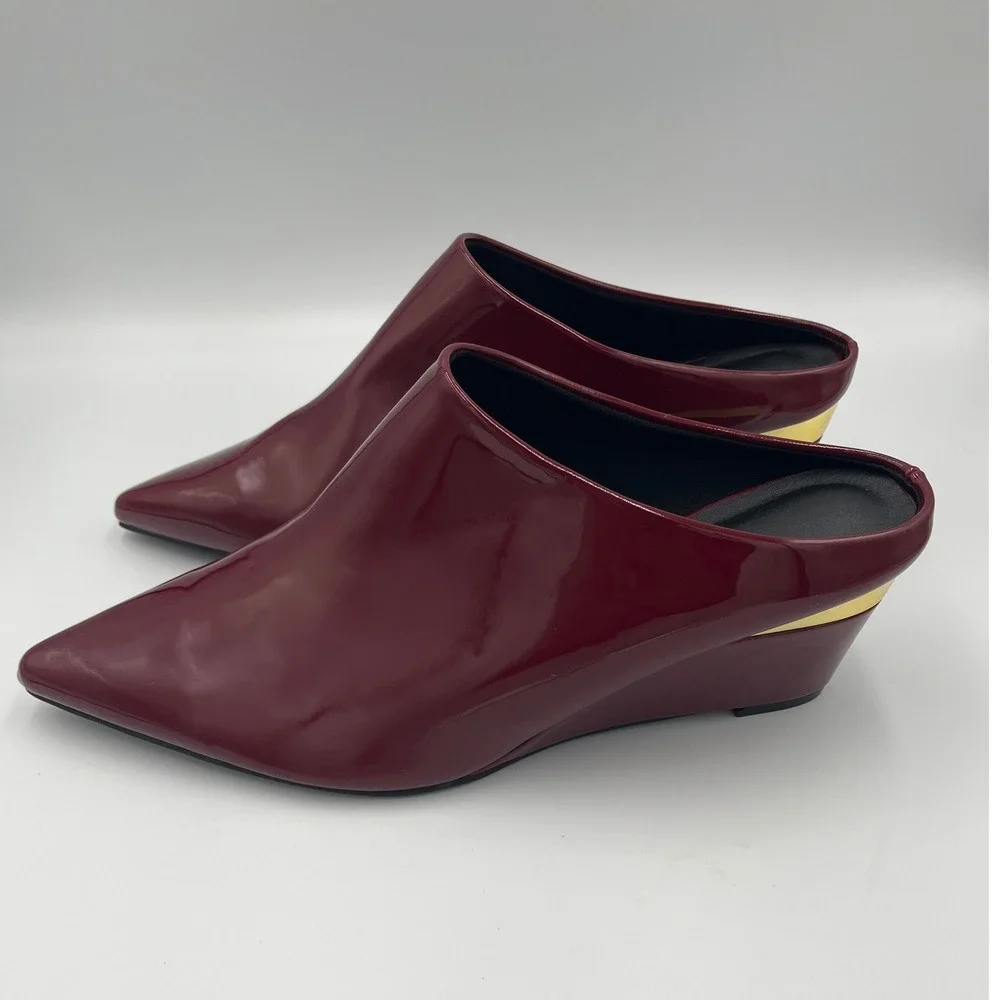 Burgundy Patent Pointed Toe Mule Wedge Heels Gold Accent Womens Size 11 EU42